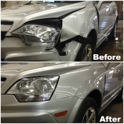 A car's repair showing before and after photos.